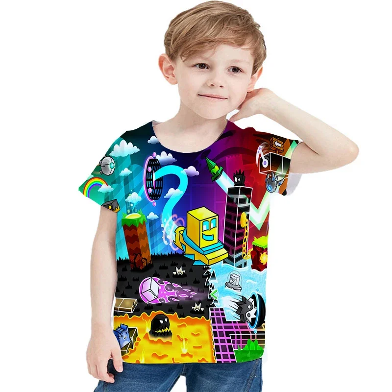 

Children's T-Shirts Angry Geometry Dash T-shirts Tee Tops Boys Girls Anime Summer Short Sleeve Kids Clothes T Shirt 4-14 Years