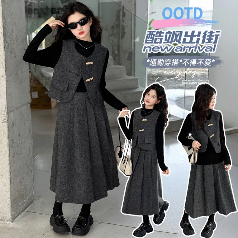 Kids Clothing for Girls fashion Autumn Korean Dress suit girl Black bottoming shirt Gray vest pleated skirt Superlatives 4-14Y