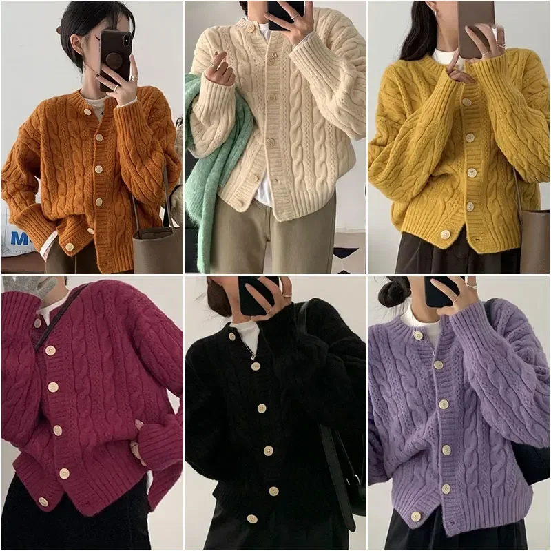 Korean Style Knit Cardigan Solid Single Breasted Thicken Loose Oversized Knitwears 2023 Autumn New Vintage Y2K Knitted Coat