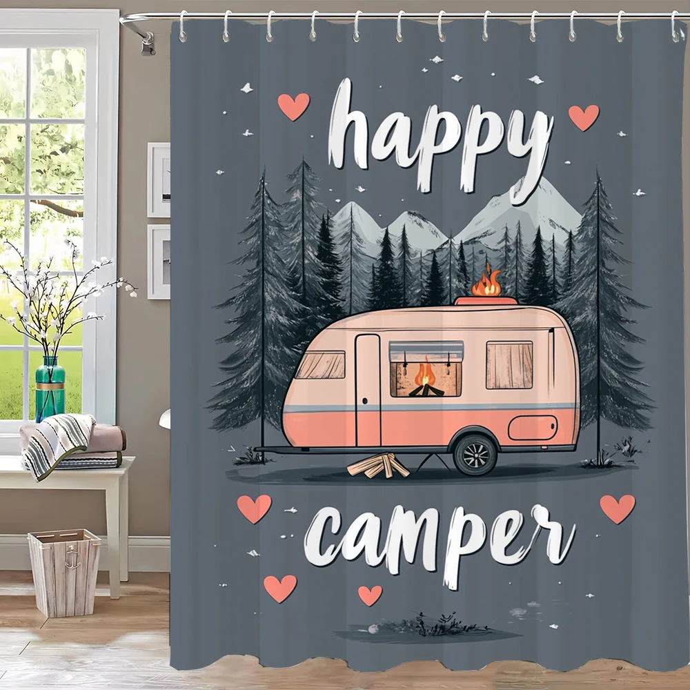

1pc Cartoon Happy Camper Print Shower Curtain Partition Privacy Hanging Bathroom Curtain with 12 Hooks Machine Washable
