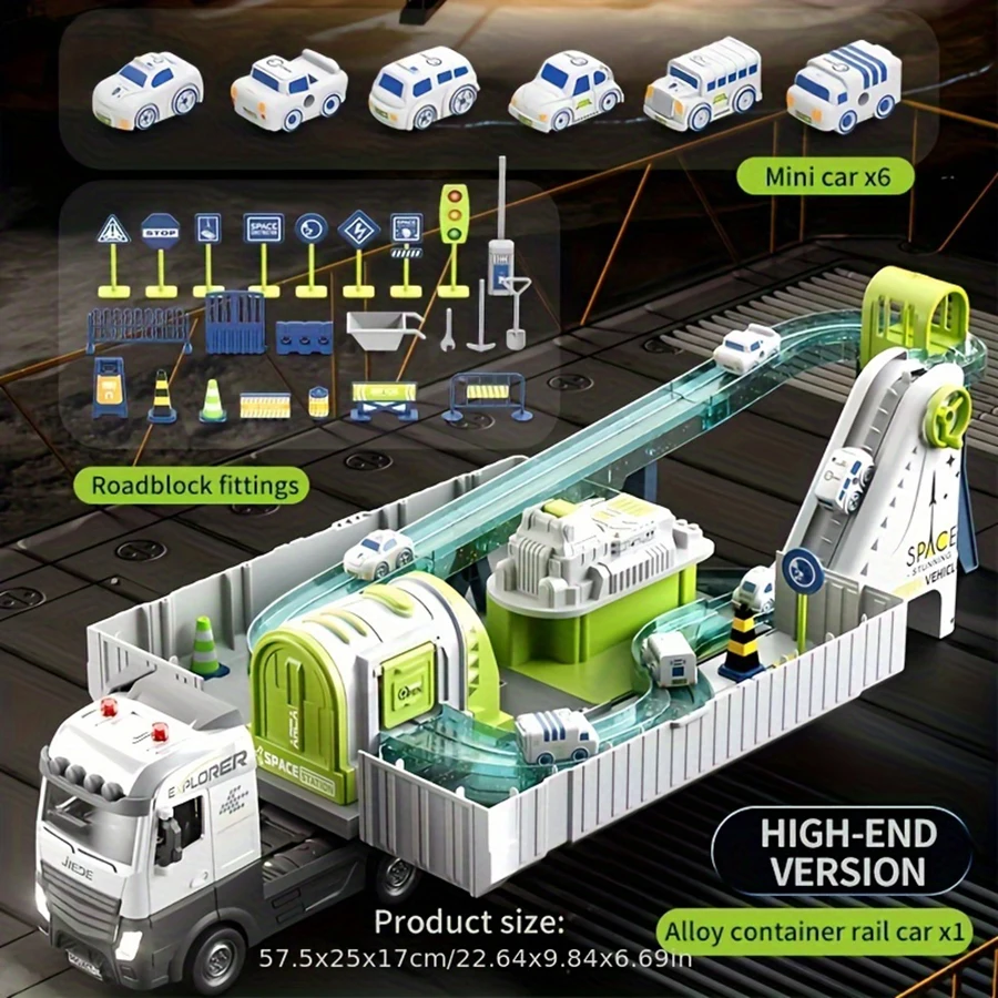 مجموعة ألعاب بناء الصبية النهائية ، شاحنة بضائع معدنية كبيرة ، مسار الفضاء ، حاوية قابلة للفصل ، صوت وضوء واقعيين