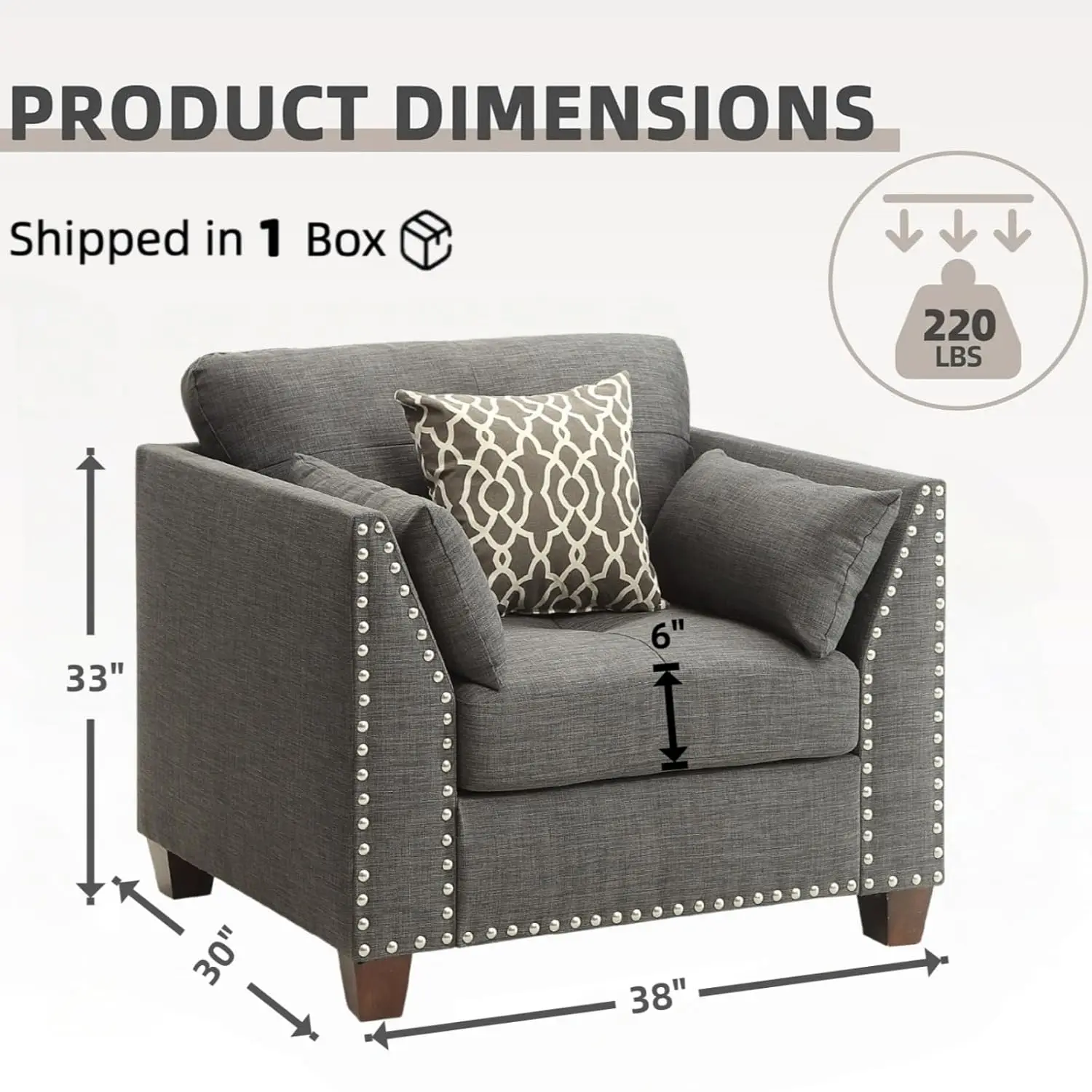 new Modern Linen Accent Chair, Upholstered Armchair with Nailhead Trim & 3 Throw Pillows, Single Sofa Reading Chair for, Customi