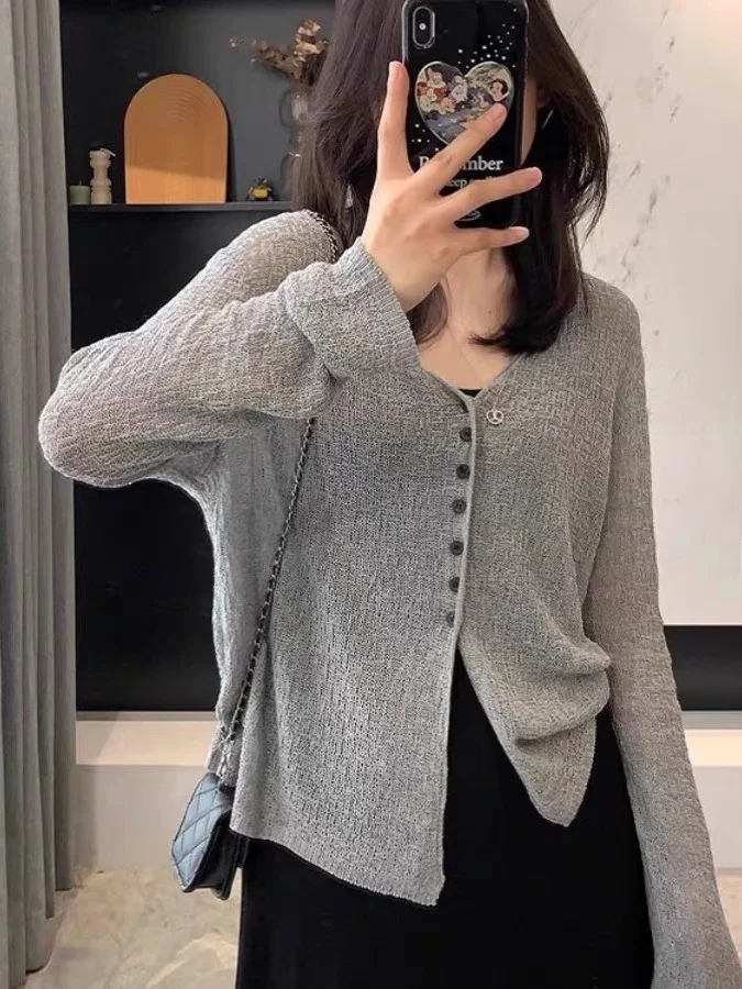 

Ele ey Sun Protection Open Cardigan Women's Summer New Sle Lyocell Silk Knitted Outerwear Trendy V-ne Long Sve