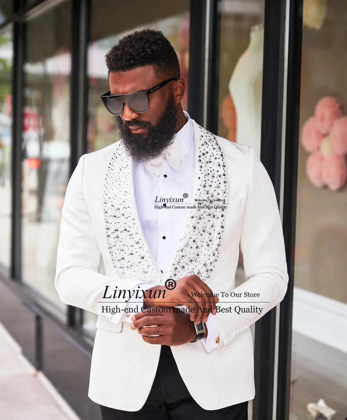 

Formal Black Men Suit With Beaded Crystal Business 3 Pieces Sets Costume Homme Male Prom Party Blazer Slim Wedding Groom Tuxedos