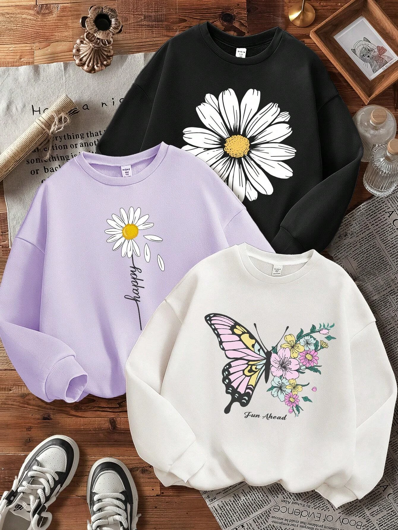 

3pcs Set Tween Girls Casual Cartoon Butterfly & Floral Thermal Lined Loose Fit Crew Neck Women Sweatshirts For Autumn Winter