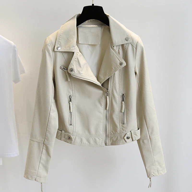 

2024 Women's Autumn New Slim Fashion Motorcycle PU Leather Jacket Oblique Zipper Casual Leather Clothing