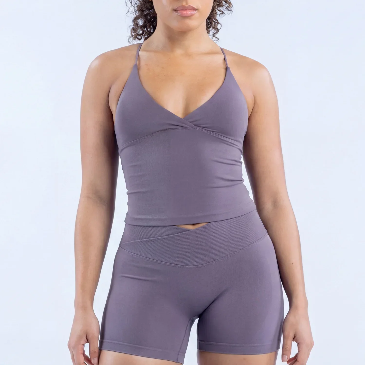 2-teiliges LOGO Damen-Outfit, Tanktop mit mehreren Trägern und Rückenausschnitt, Scrunch Butt Peach Taille, nahtlose Leggings, Fitness-Set – Detail 15