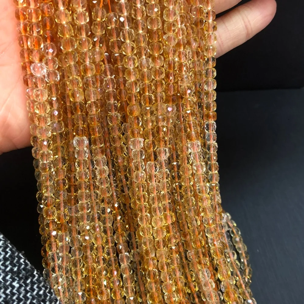 4MM Natural Citrine Cube Triple Circle Bracelet Reiki Healing Fengshui Stone Fashion Jewelry For Women Holiday Gift 1PCS