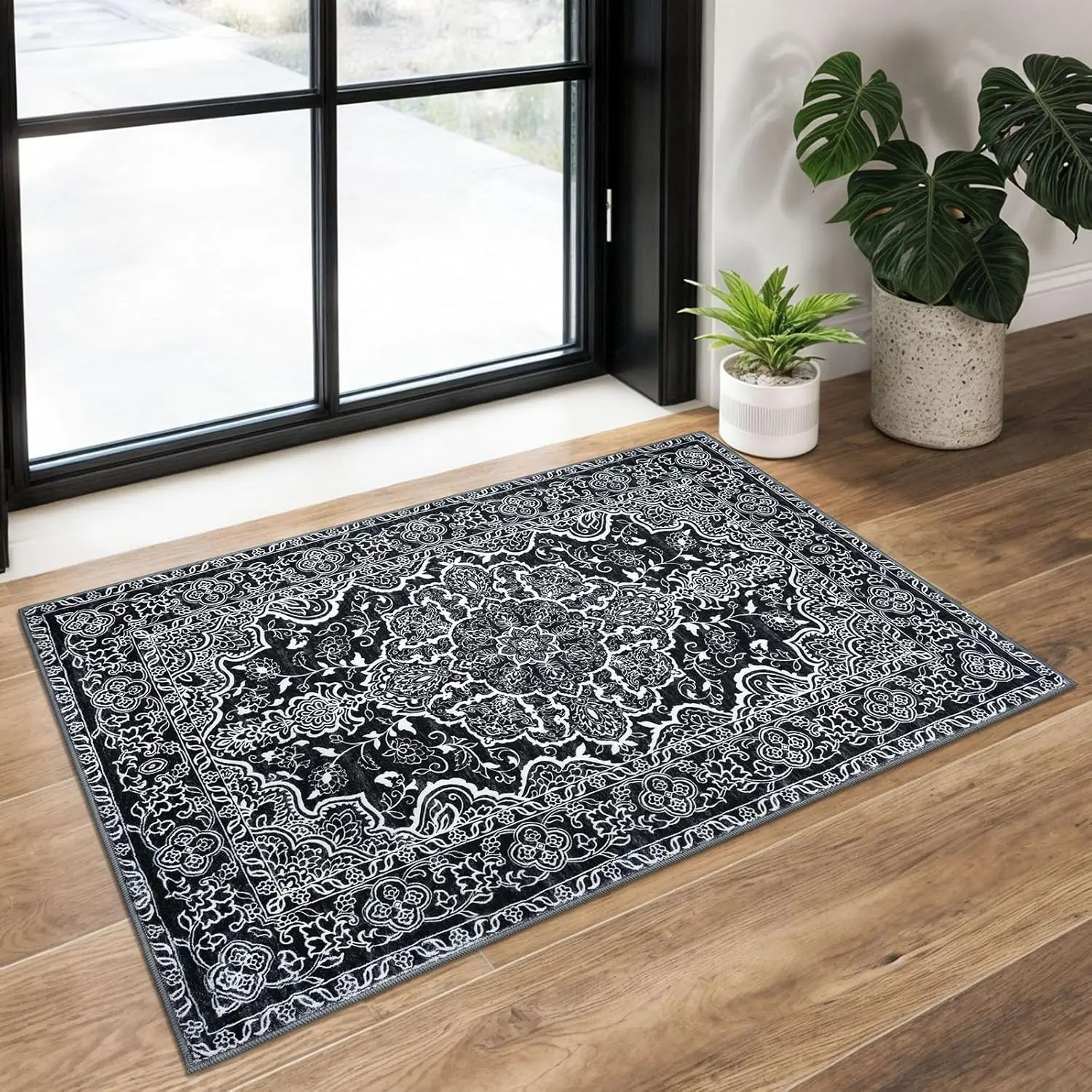 Oriental Medallion Small Area RugBlack Washable Non-Slip Entryway Rugs Soft Printed Retro Vintage Floral Accent Rug  Farmhouse