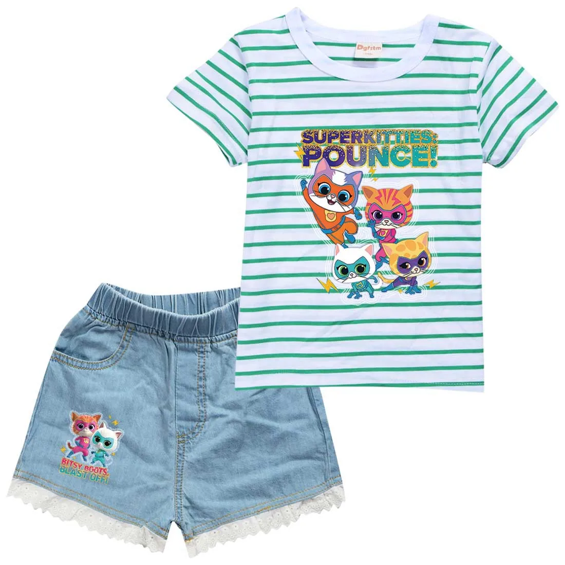 Anime Superkitties Clothes Toddler Girls Casual Outfits Boys Summer Clothing Kids Cotton Summer T-shirts +Denim Shorts 2pcs Sets