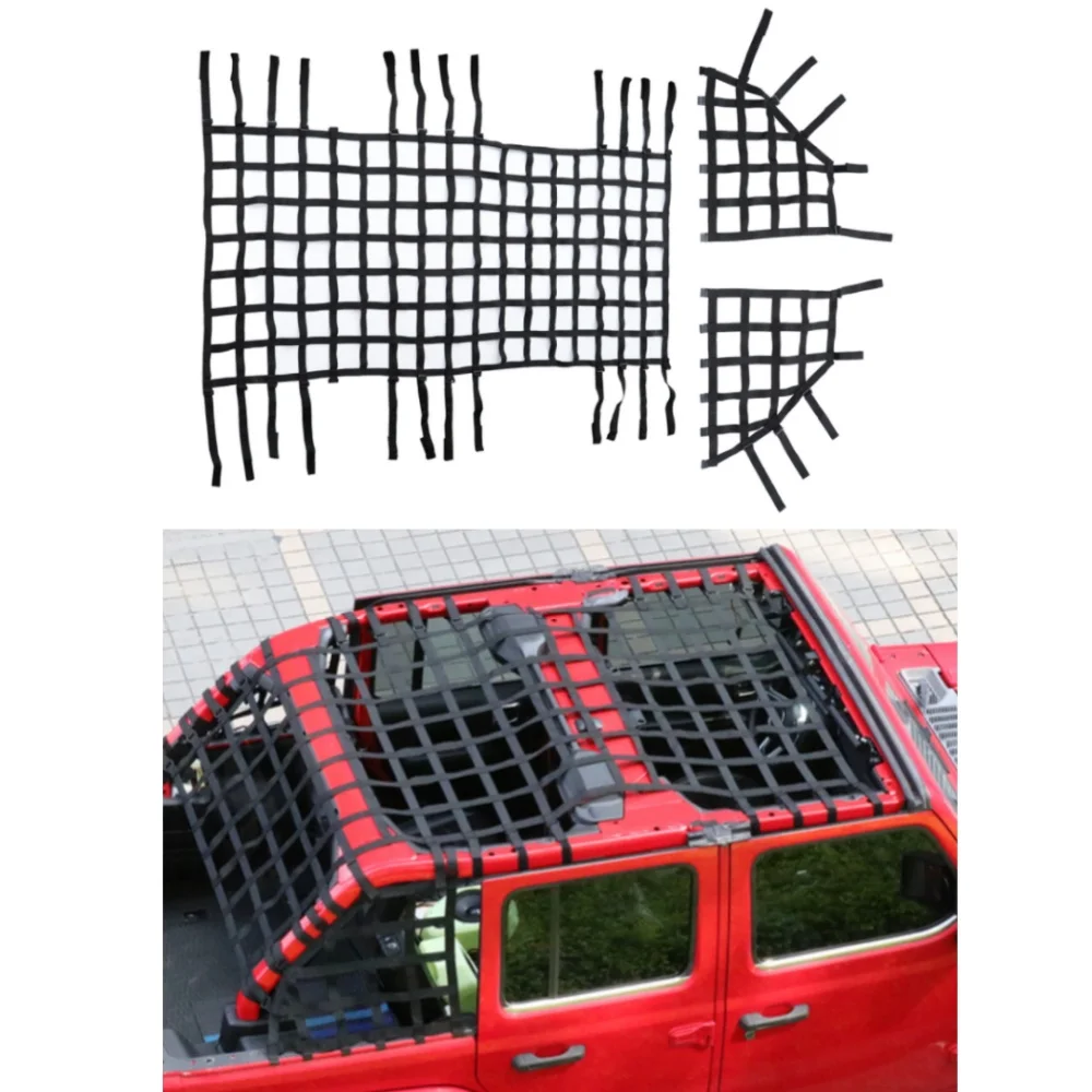 For Jeep Wrangler JK JL 2007-2024 Full Roof Canvas 4 Door Grid Mesh Net Cover (3-Piece Set)  Decorative Top Rack JL1334