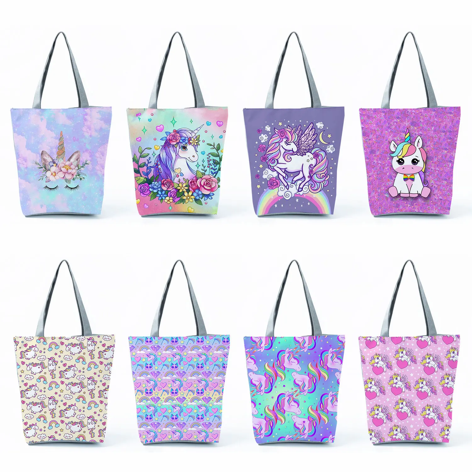 

Reusable Handbags High Capacity Colorful Shoulder Bag Shopping Bags Beautiful Rainbow Unicorn Printed Fashion Cute Tote Portable