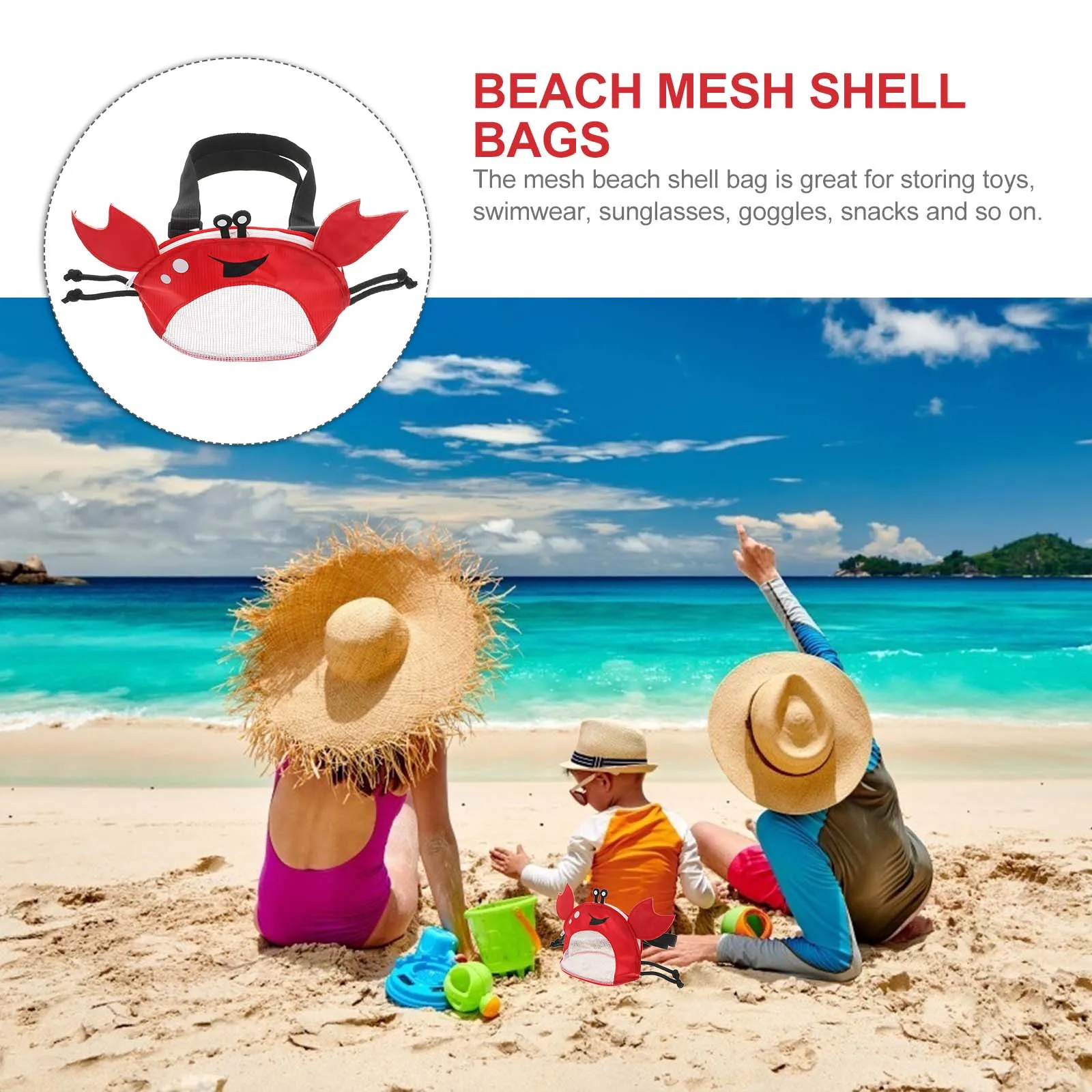 어린이용 게 디자인 메쉬 비치백 조개 수집용 토트백 방수 PVC 천 파우치 조절 가능한 스트랩 포함 야외 수영용