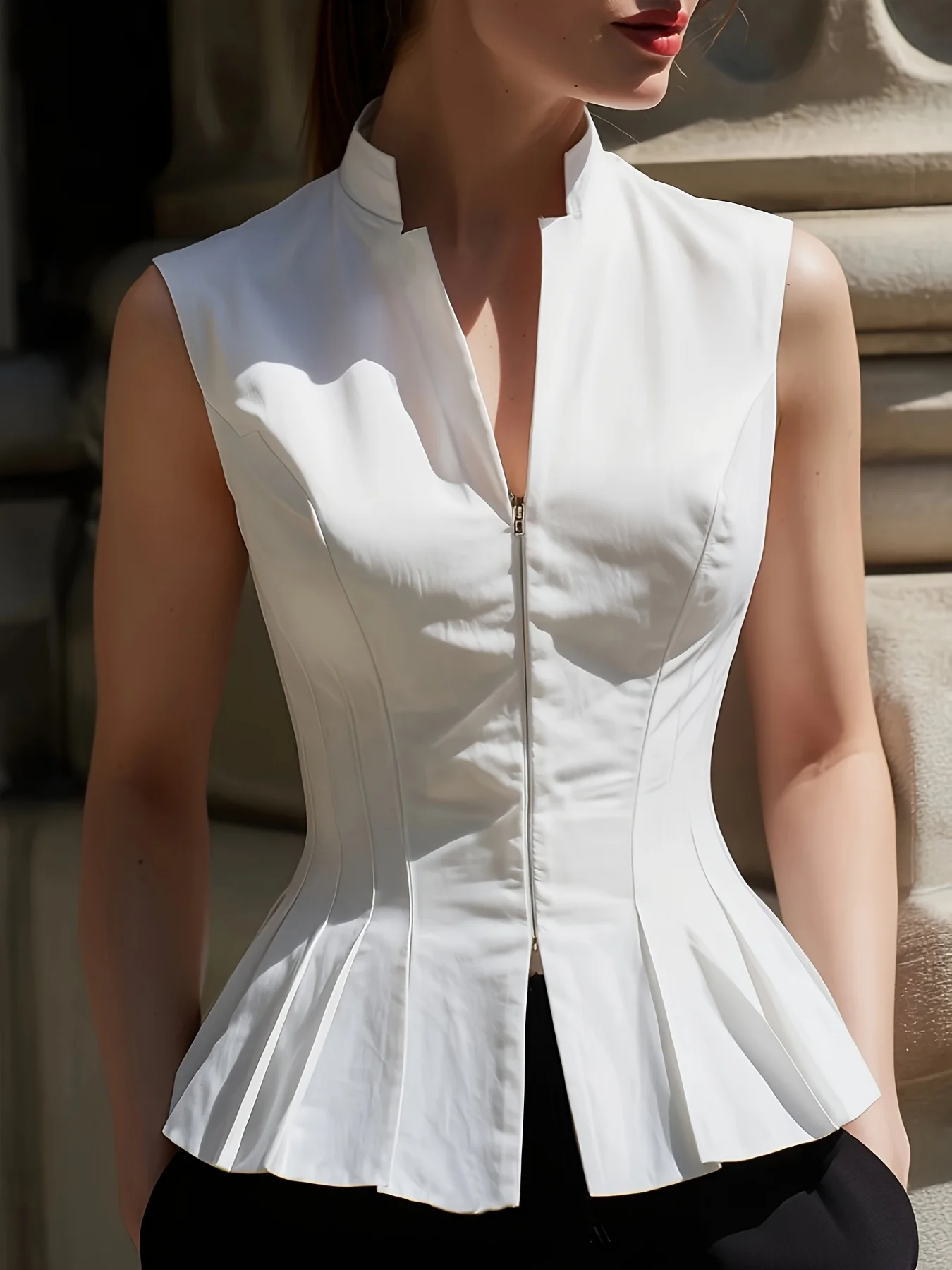 Women's Elegant Sleeveless Vest Top White Stand-Collar Front Zipper Fitted Tailored Waist Peplum Pleated Hem for Office Business