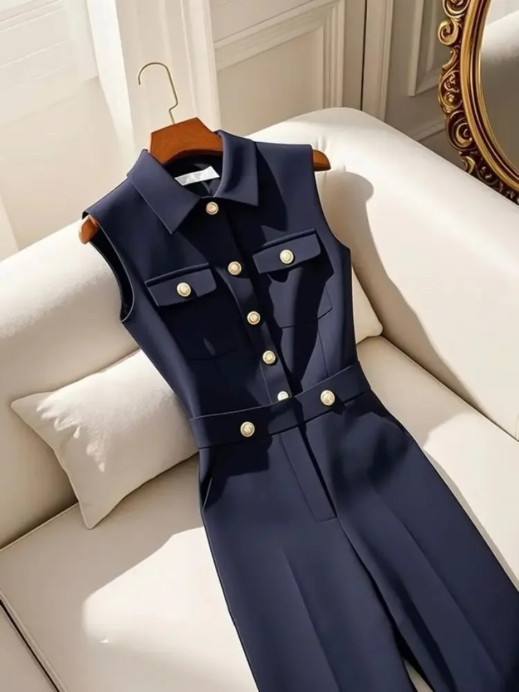 الكورية الرجعية بولو طوق جيوب واحدة الصدر الأزرق الداكن حللا الفرنسية أزياء مكتب سيدة كل مباراة الصيف بذلة طويلة