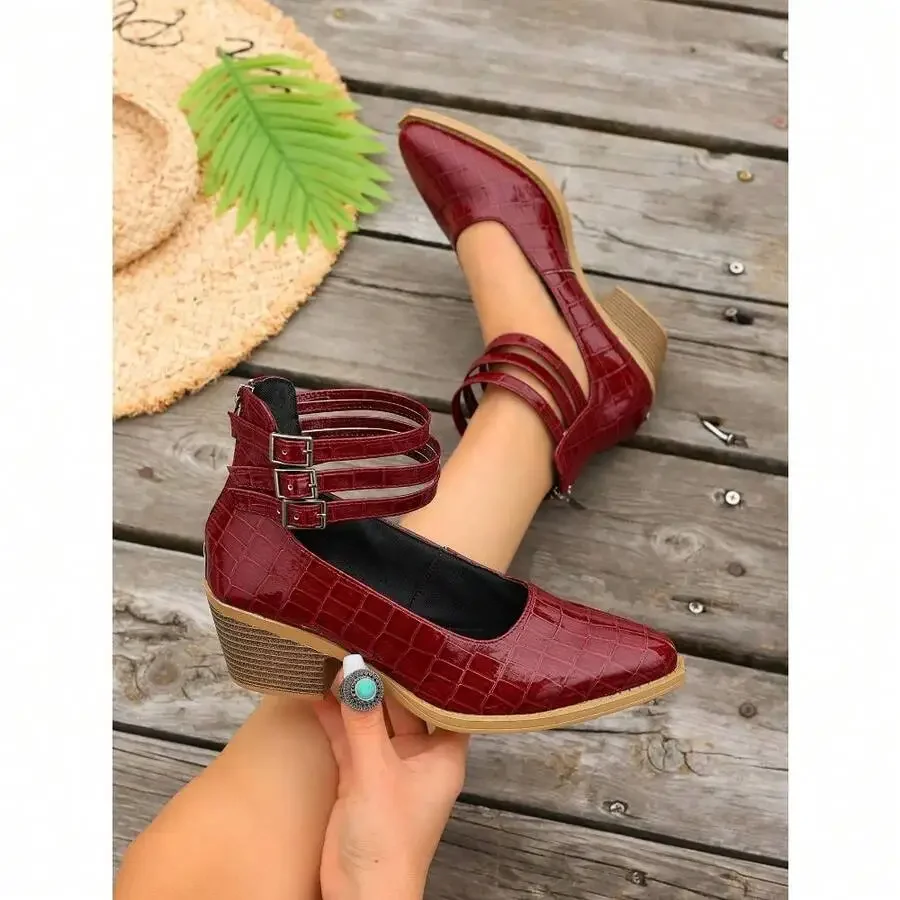 

Chunky Heel Pointed Toe Ankle Strap Womens Casual Sandals Wine Red