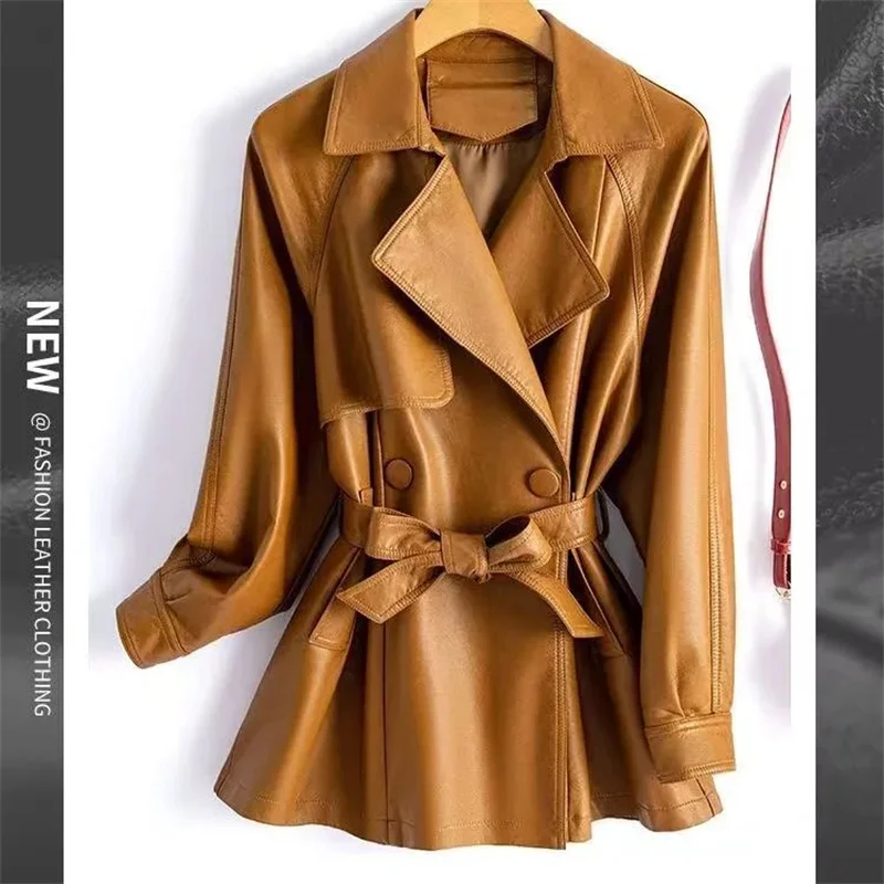 Blazer de Color café Retro hermosa chaqueta de cuero PU cinturón de mujer otoño nueva sensación de gama alta cintura ceñida traje chaqueta de moda