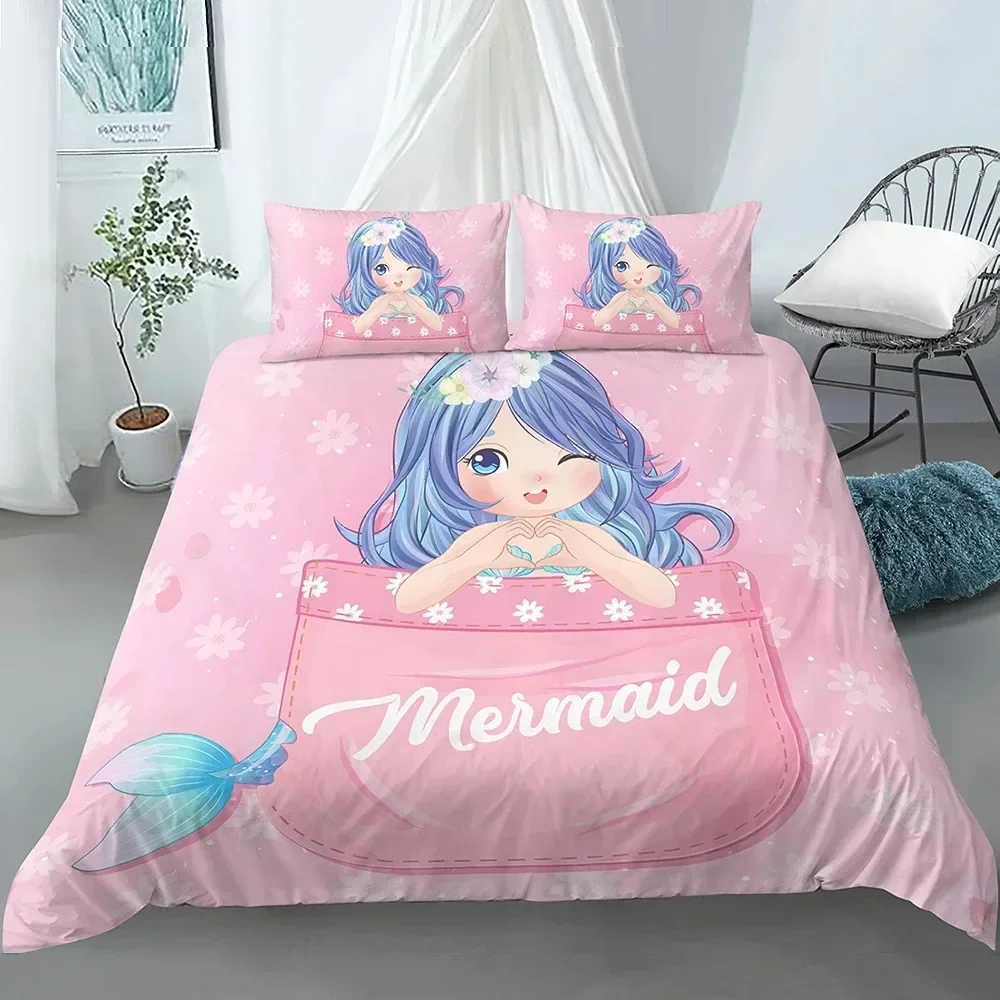 

Girls Mermaid Cartoon Edredones Niños Girl Comfortable Duvet Quilt Cover Pillowcase Bedding Set Bedroom Decoration Home Textile