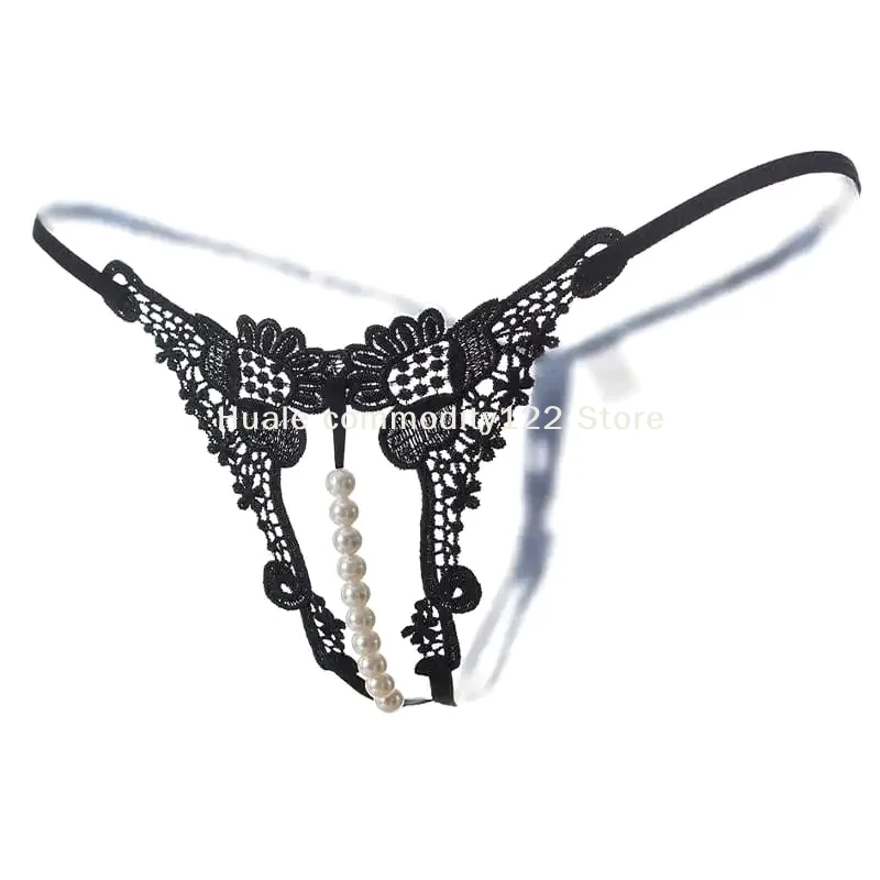 

Transparent Embroidered Sexy Pearl Thong Panties With Open Crotch And Low Waist