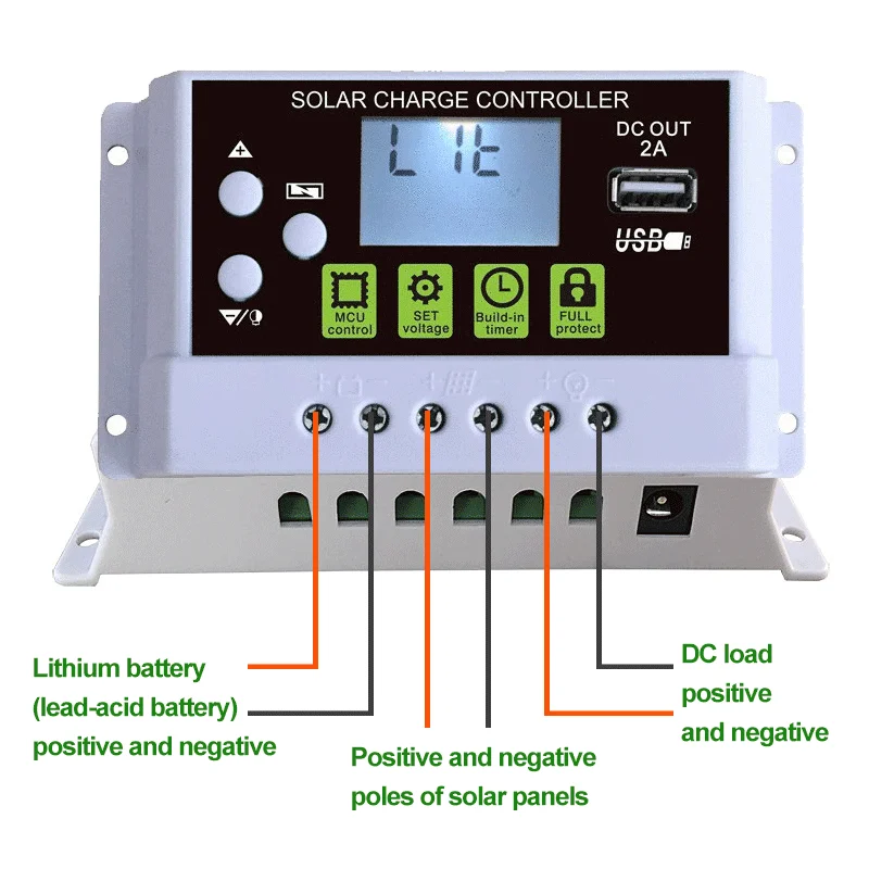 Kontroler ładowania słonecznego 10A-60A Auto 12V 24V Akumulator litowo-ołowiowy / kwasowo-ołowiowy Kontroler rozładowania PWM Wyjście USB DC