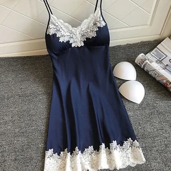 Women's Sexy Lingerie Summer Silk Night Gown Lace Patchwork Mini Night Dress Spaghetti Strap NO Chest Pad Sleepwear For Ladies