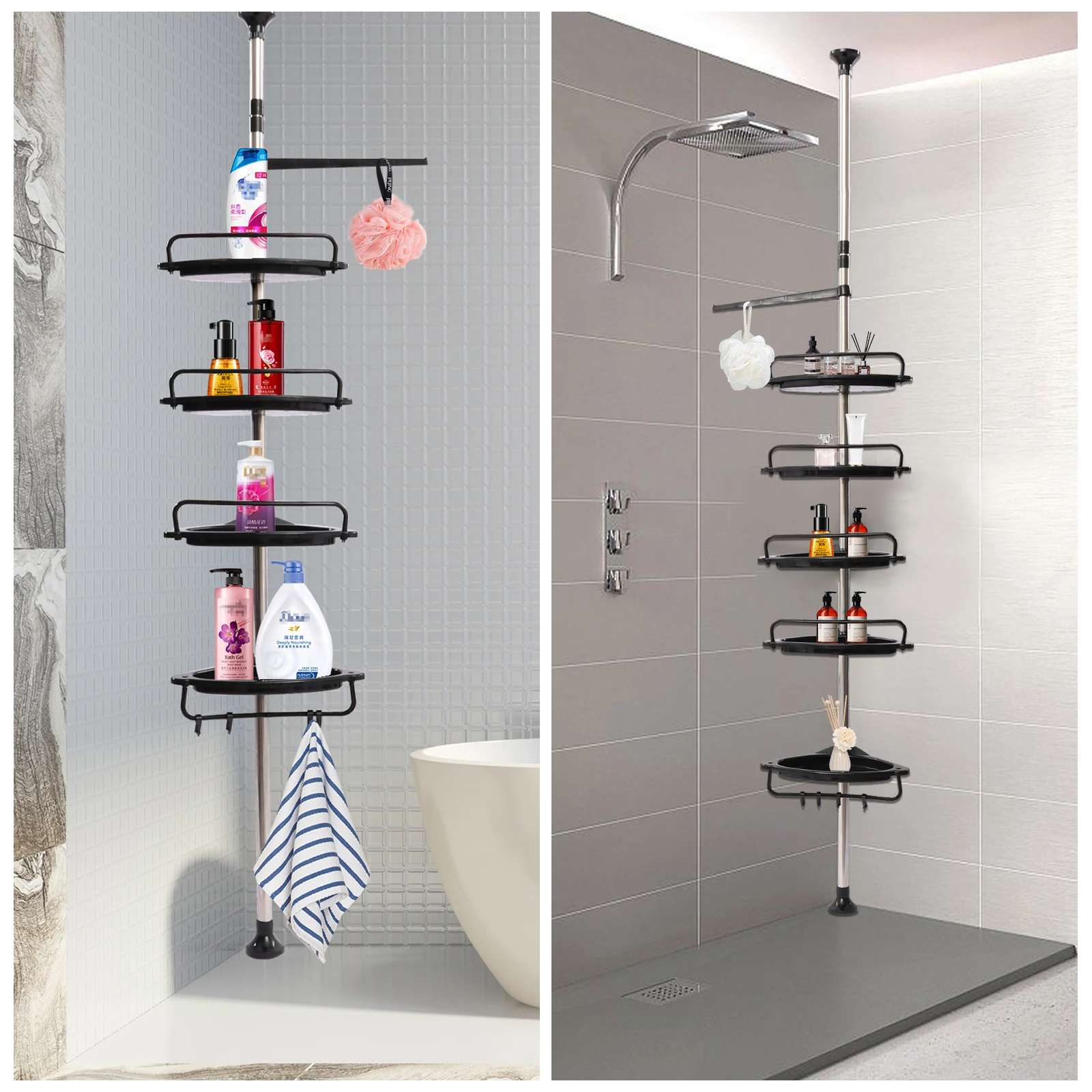 

5/4-Tier Adjustable Shower Corner Shelves with Tension Pole Storage Organizer for Bathtub and Bathroom Accessories