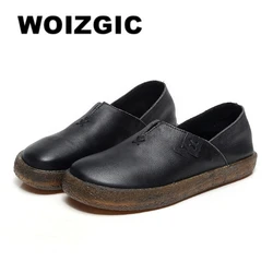 WOIZGIC Women Mother Female Ladies Shoes Flats Loafers Cow Genuine Slip On Leather Pigskin Retro Superstar 34-41 ZDA-1021