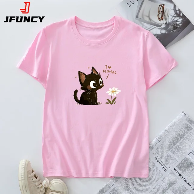 Damska bawełniana koszulka T-shirt Moda Kawaii Harajuku Kot Grafika T-shirty Letnie Krótkie Rękawy Damskie Koszulki Topy Odzież Damska