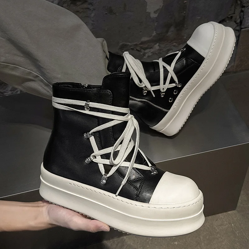 

2025 New Men's and Women's Couple Shoes Trend Booties High Top Breathable Black and White Platform Plus Size