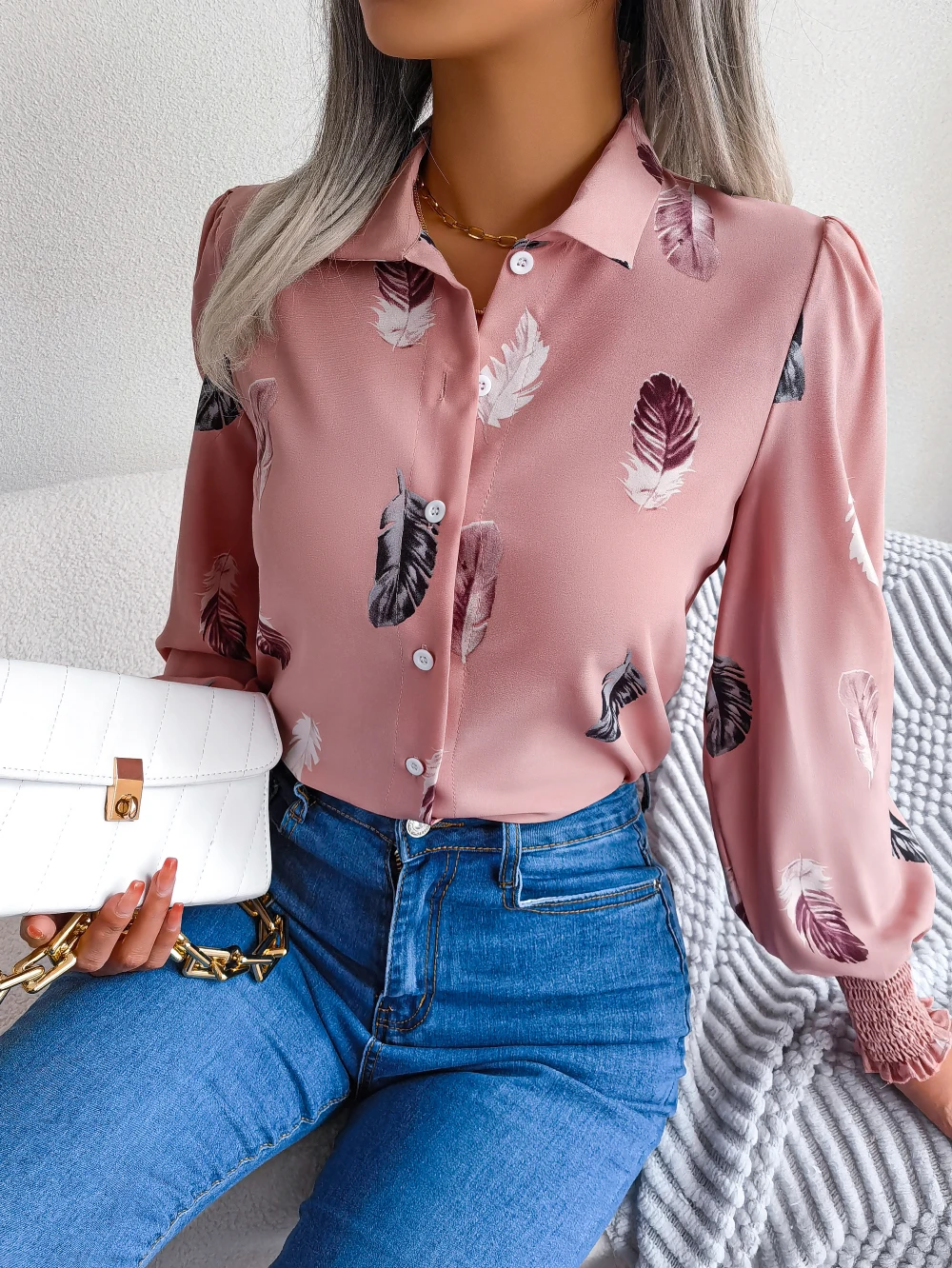 Women Casual Feather Print Collar Long Sleeve Shirt White Pink Blue