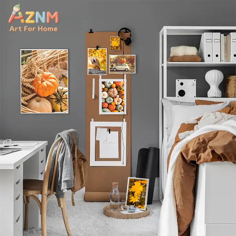 AZNM Rustic Fall Forest Squirrel Pumpkin Maple Leaf Nature Canvas Wall Art, Warm Autumn Scenery Frameless Canvas Print Poster fo