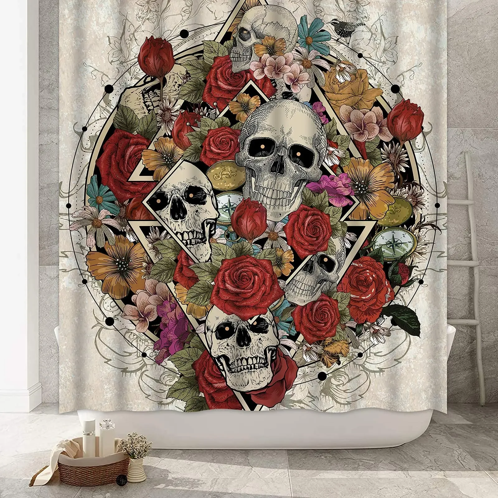 Skull Skeleton Moonlit Shower Curtain Gothic Black White Sugar Spooky Halloween Shower Curtains for Bathroom Bathtub Decor Set