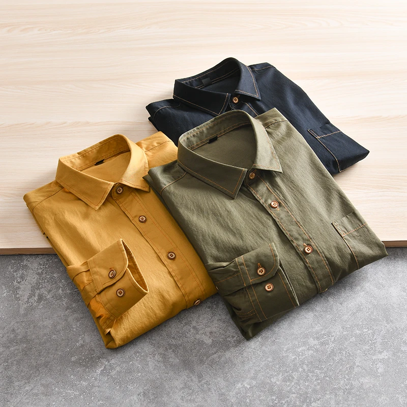 

Heavyweight Washed Combed Cotton Long Sleeve Casual Shirt Pure Color Spring New Style Men's Fashion Urban Standard Fit Shirt