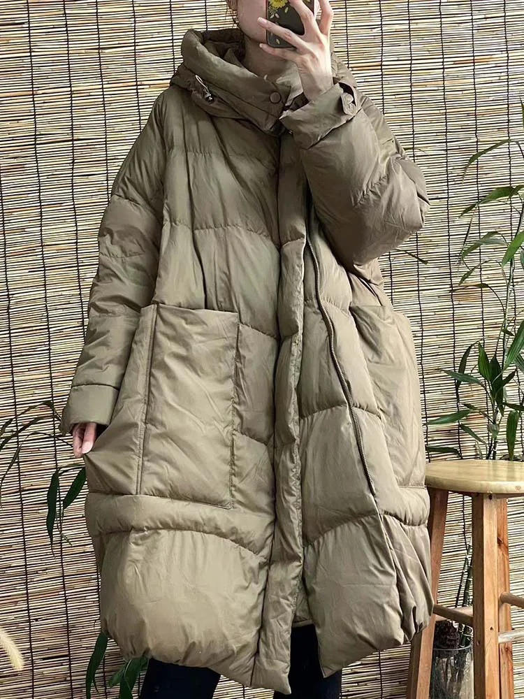Schinteon Women White Duck Down Long Jacket with Hood Loose Over Size Coat Autumn Winter Warm Outwear Korean Style Big Pockets