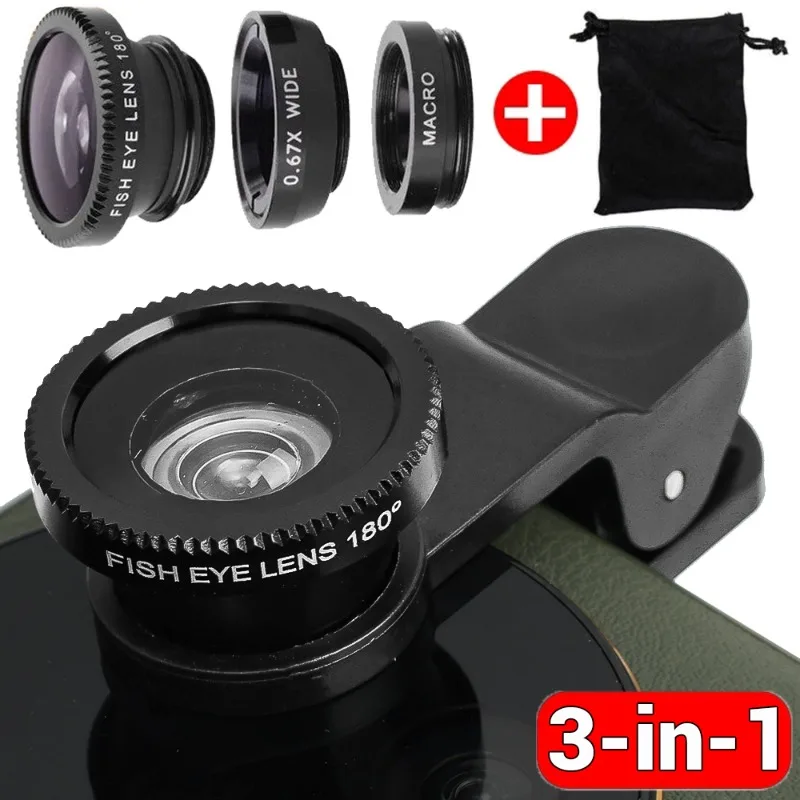 3Pcs/Set Fisheye Phone Lens 0.67X Wide Angle Macro Lenses Camera Kits Clip on Mobile Phone for iPhone Samsung Xiaomi Huawei