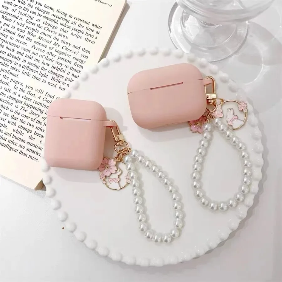 غطاء سماعة أذن سيليكون فاخر مع سلسلة مفاتيح ولؤلؤ وزهور ، حافظة لسماعات الأذن Pro 2 و 4 و 3
