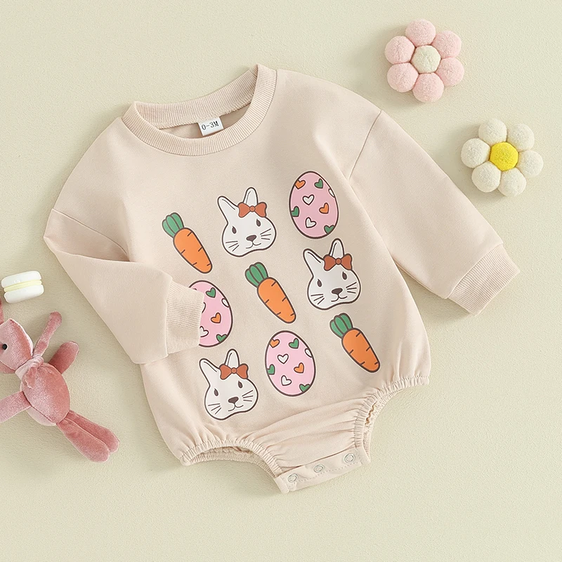 

Infant Baby Boy Girl Easter Outfit Bunny Crewneck Sweatshirt Romper Rabbit Eggs Carrot Print Oversized Bodysuit