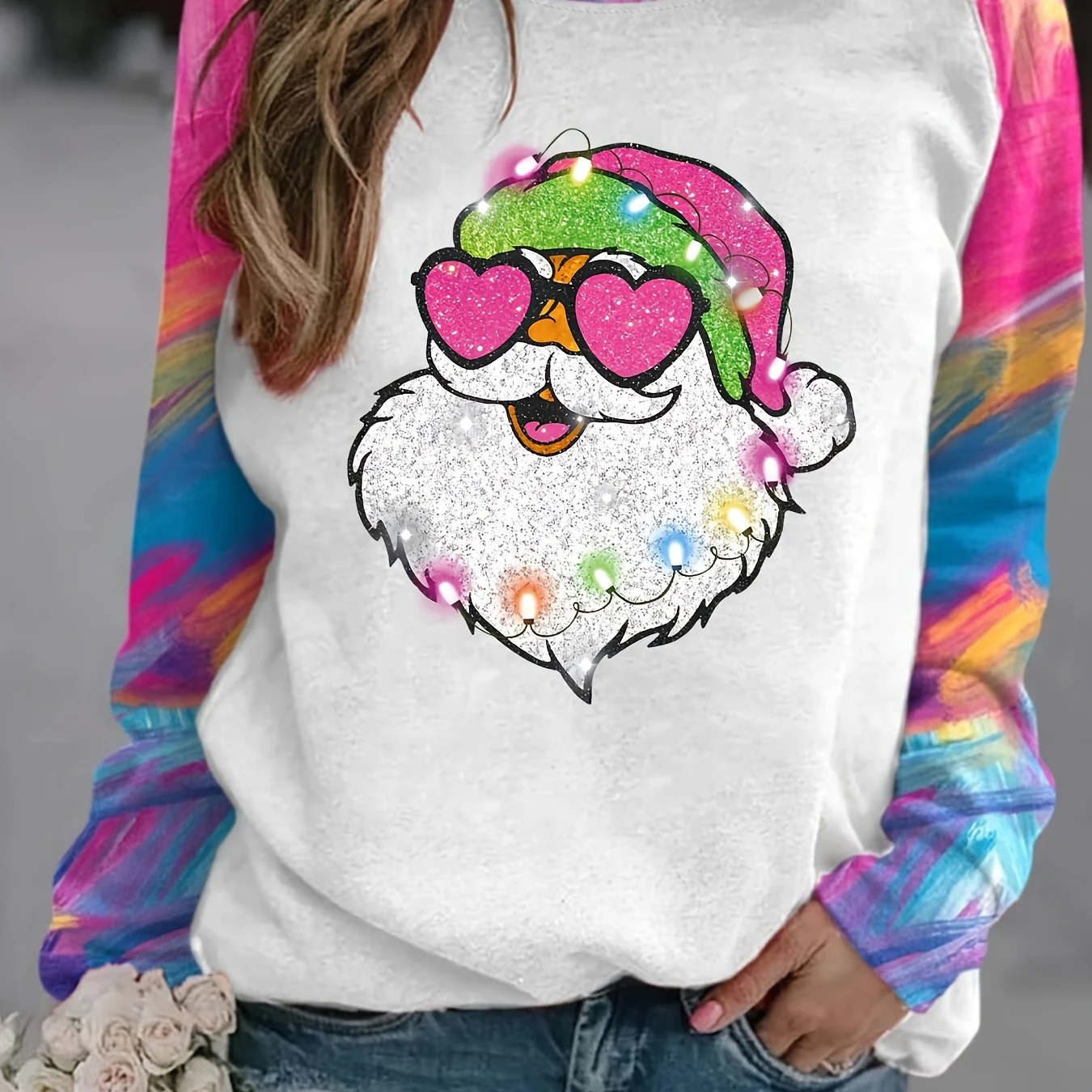 Christmas Santa Print Raglan Pullover Sweatshirt - Soft Casual Crew Neck Long Sleeve, Fall & Winter Women\'s Comfort Clothing