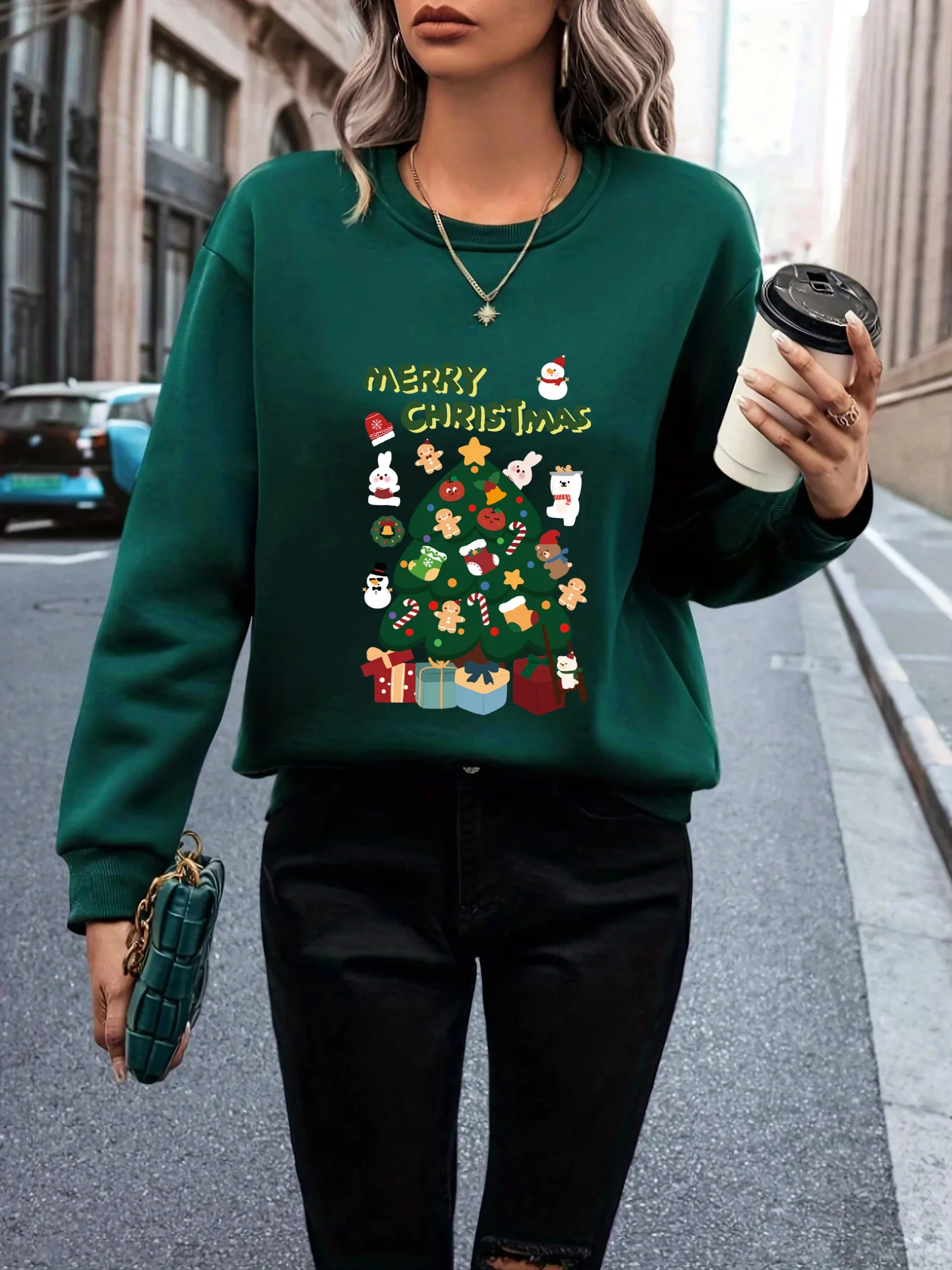 Christmas Holiday Orientation Santa Claus Printed Green Trendy Hoodless Top Fashion Y2K Green Women\'s Sweatshirt