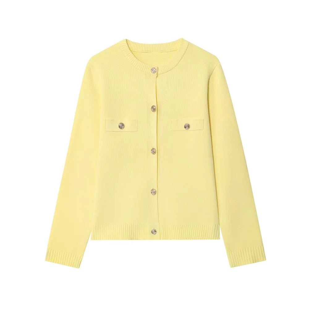 

Zach Ailsa's new women's fashion casual versatile round neck long sleeved gold breasted knit cardigan jacket