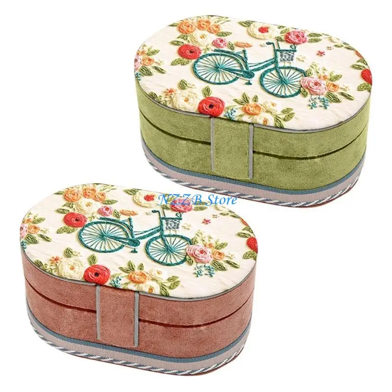 

T21F Exquisite Plush Ornament Container Portable 3 Layer Plush Jewelry Storage Box Oval for Women's Accessories