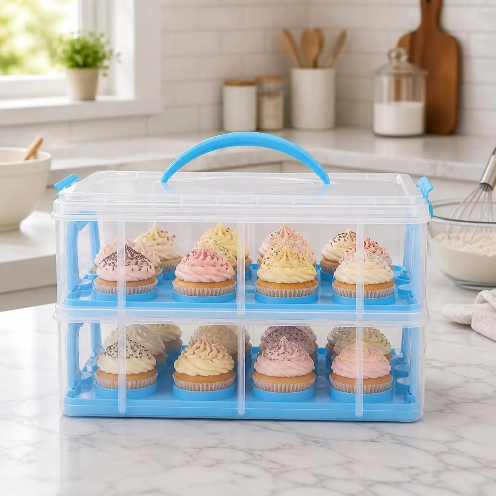 Cupcake Holder Transparent Case for 24 Muffins with Secure Fasteners and Carry Handle for Party Use