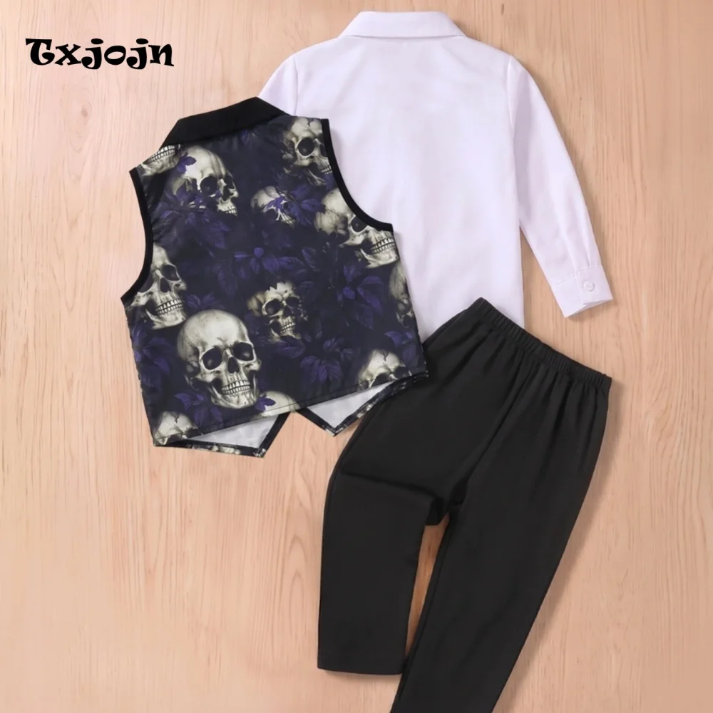 Boy's Formal Suit Set for Halloween Children's 3 Piece Set Printed Clothes Bow Long-Sleeve Top Pants Vest Kids Party Outfit