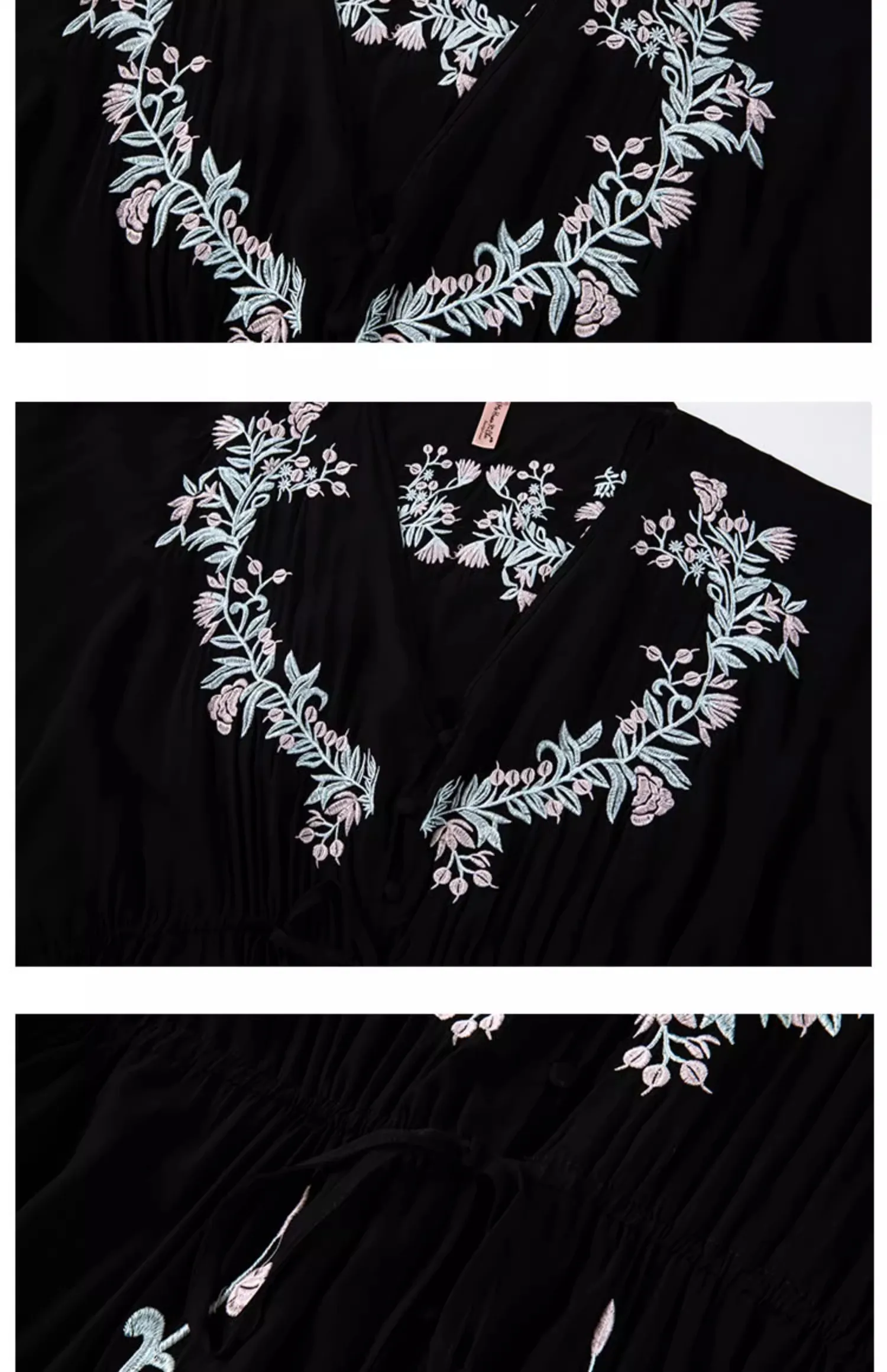 2025 vestido bohemio de vacaciones con bordado de flores, vestido negro Retro con manga de murciélago y cuello en V, vestidos largos para mujer, vestido playero informal holgado para la playa
