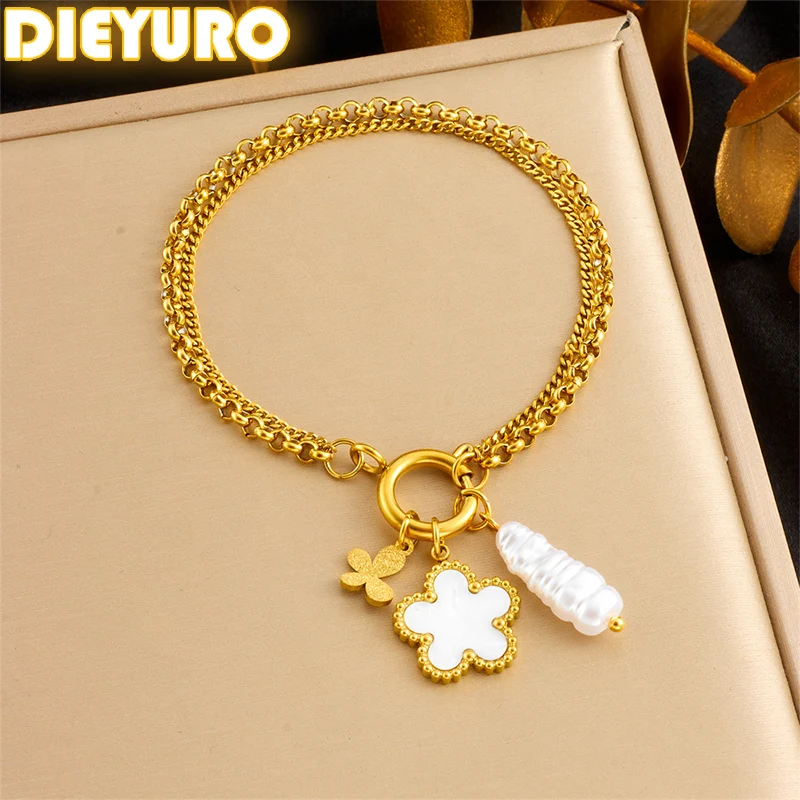 

DIEYURO 316L Stainless Steell White Shell Flower Butterfly Pearl Double-layer Bracelet For Women Trend Hand Chain Holiday Gift