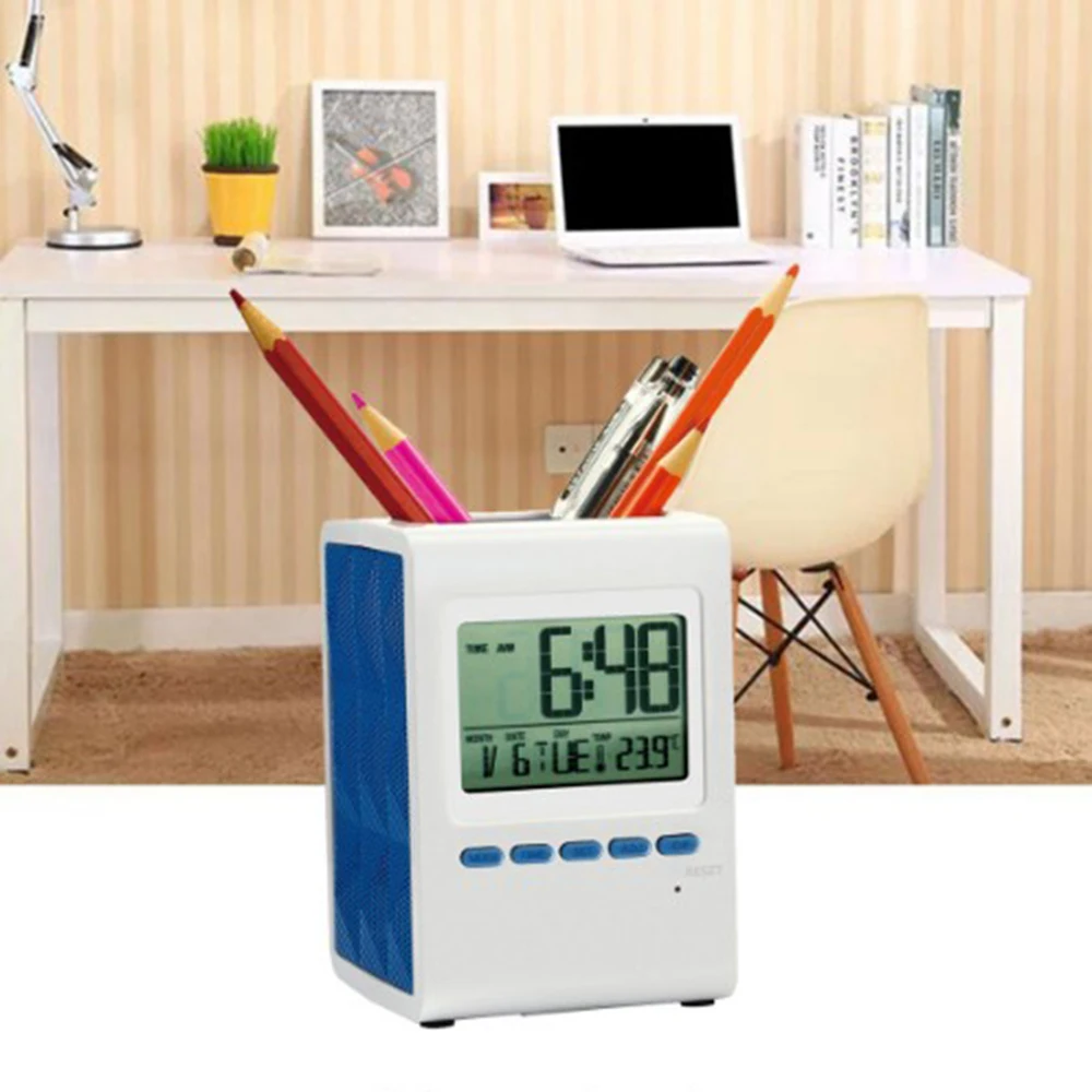 

Multifunctional electronic pen holder with time alarm clock music