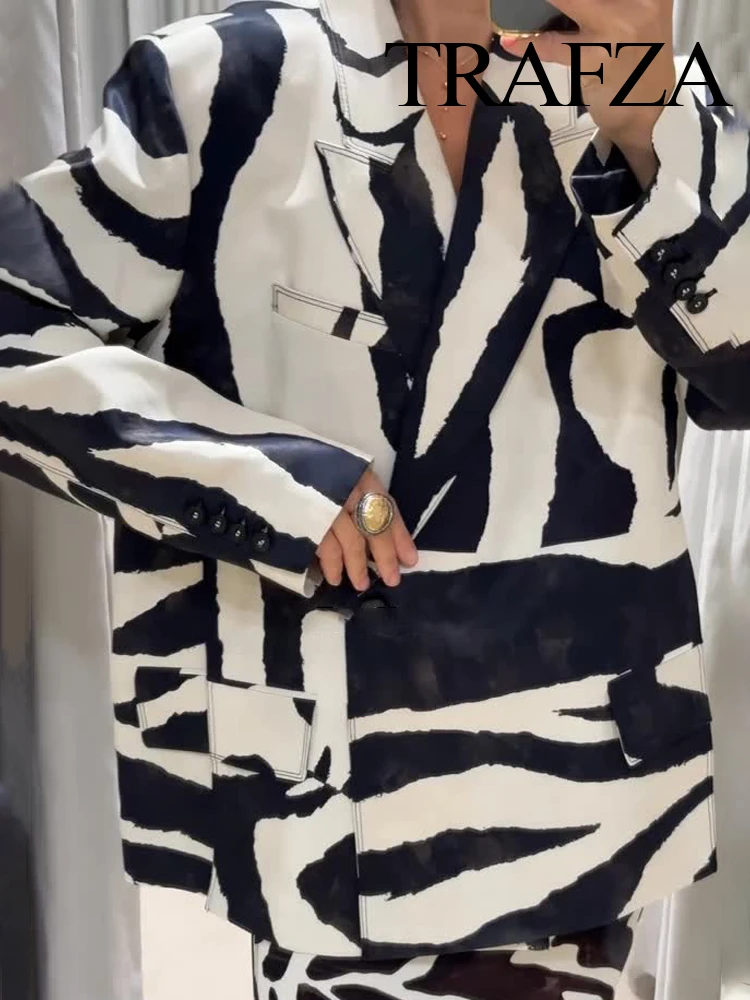 

TRAFZA Women Elegant Blazer Suit Zebra Stripes Pocket Button Decorate Turn-Down Collar Blazer Jacket+Casual Zipper Slim Pants