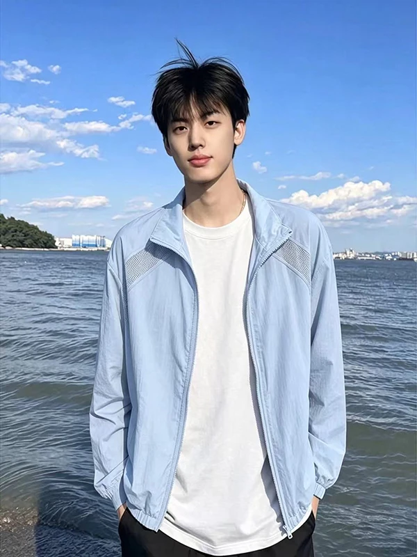 Blue Ice Silk Men's Outdoor Sports Jacket Summer Mesh Quick Dry Sun Protection Clothing Splice Design Breathable Windbreaker