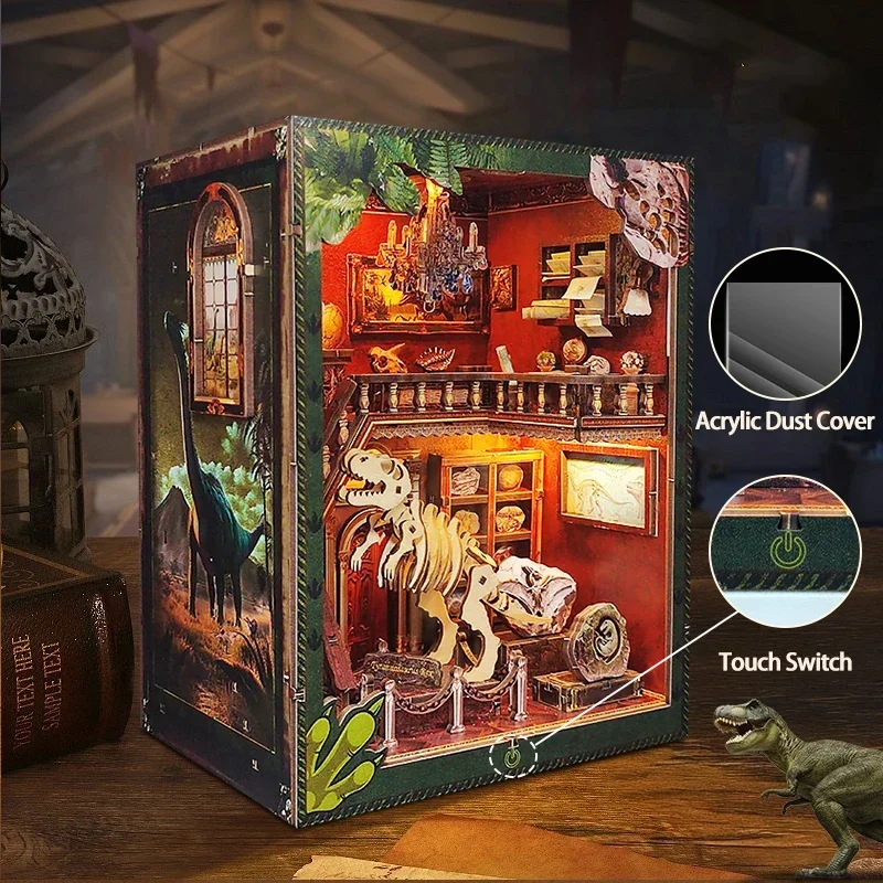 

Miniature Model Kits Dinosaur Museum Bookend DIY Wooden Book Nook Shelf Insert Kit Light Bookshelf for Friends Birthday Gifts