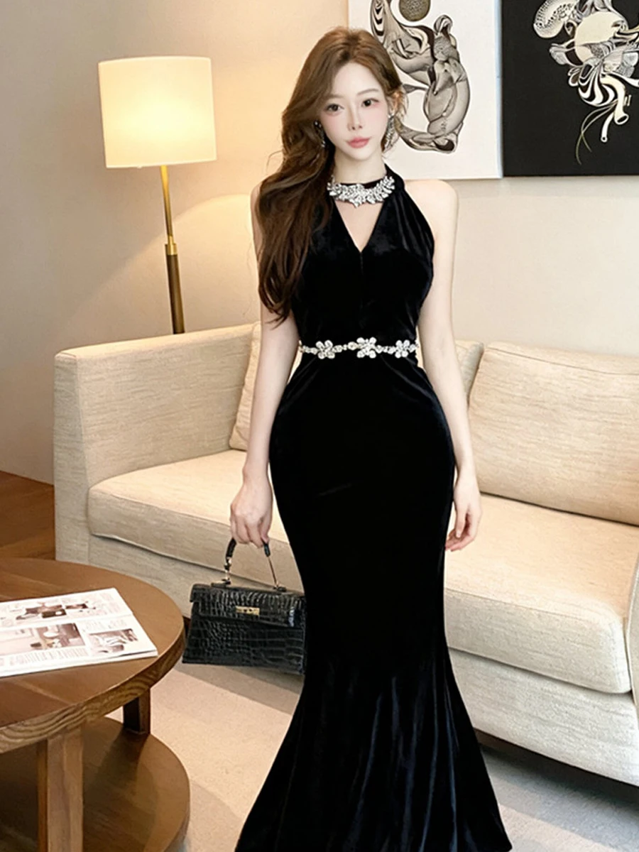 

Бархатное вечернее платье с бриллиантовыми украшениями, сексуальное облегающее платье с хвостом и оберткой вокруг шеи для женской одежды